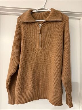aerie Zip-Neck Waffle Knit Sweater in Camel Brown oversized